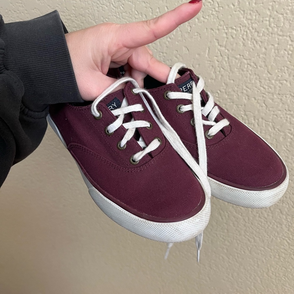 Sperry Maroon Canvas Shoes with White Laces
